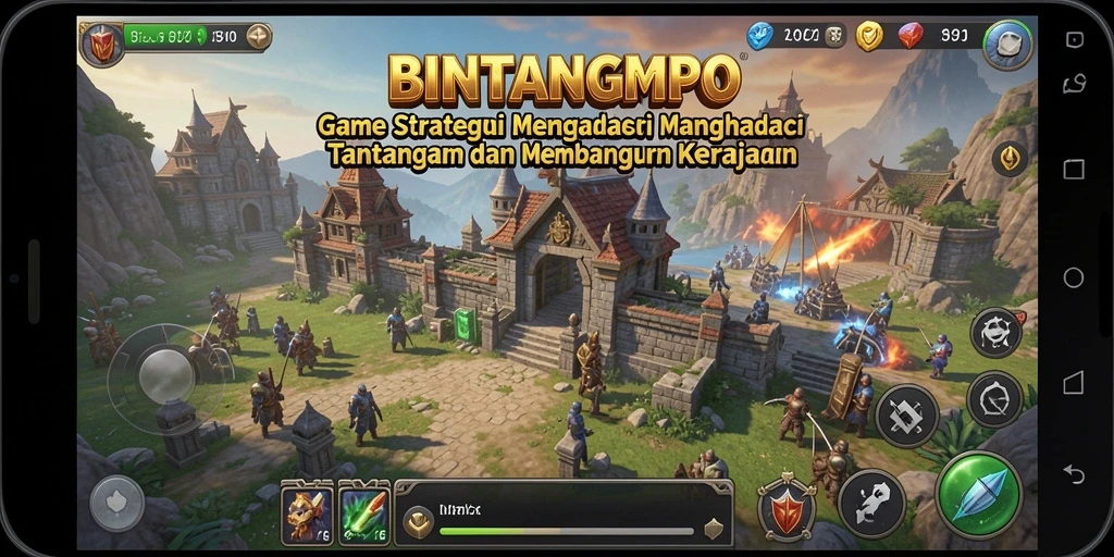 Screenshot gameplay BINTANGMPO yang menampilkan pertempuran dan pembangunan.
