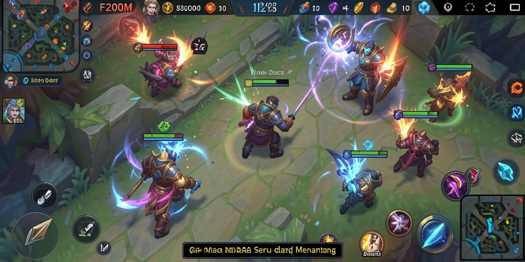 Screenshot gameplay F200M menampilkan aksi seru di arena pertempuran MOBA.