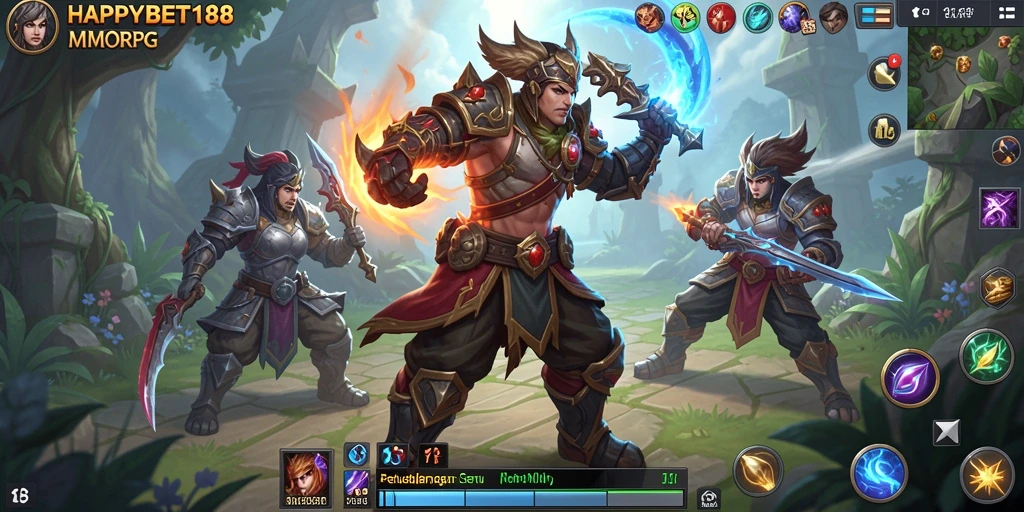 Screenshot utama dari HAPPYBET188 menampilkan aksi seru dalam dunia MMORPG.